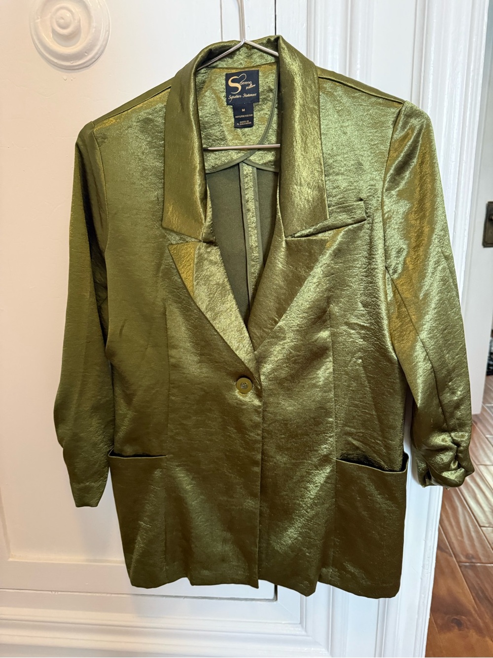 Serena Williams Olive Satin Single-Button Long Line Blazer